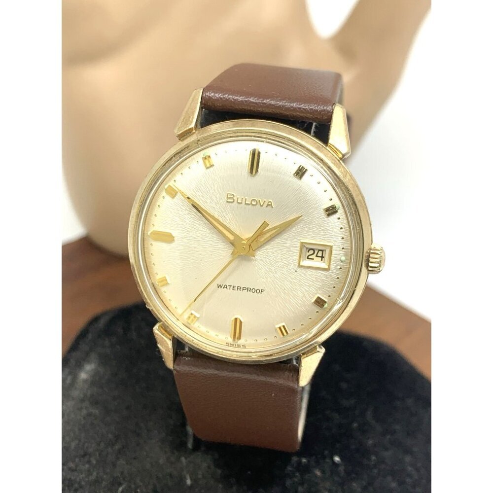 Bulova Men's Watch Vintage 1964 Swiss Mechanical Gold Brown Leather Strap 33mm